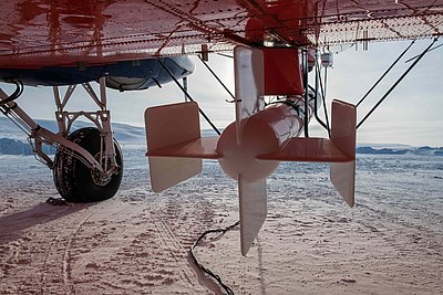 The towed system used to measure sea-ice thickness (the “Bird”) is stowed directly under the fuselage during take-off and landing.