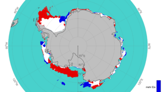 ifferenz der mittleren Eiskantenposition in der Antarktis im Februar 2022 im Vergleich zum Langzeitmittel.