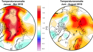 Lufttemperatur auf der 925 hPa Druckhöhe (ca. 750 m Höhe) für den Zeitraum Januar bis Mai 2018 (links) und Juni bis August 2018 (rechts) ausgedrückt als Differenz zum langjährigen Mittelwert von 1981-2010.