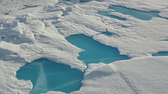 Bright, shallow melt pond on relatively thick sea ice.