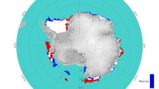 Comparison of the mean sea-ice extent in the Antarctic in February 2023 to the year 2022.