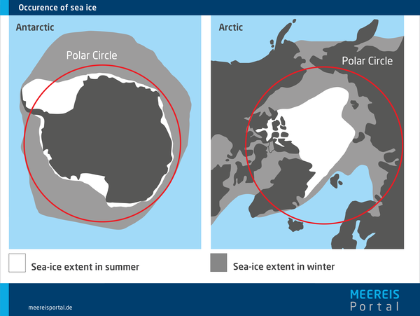 Current sea-ice extent in the South Pole region (Antarctic) left. Current sea-ice extent in the North Pole region (Arctic) right.