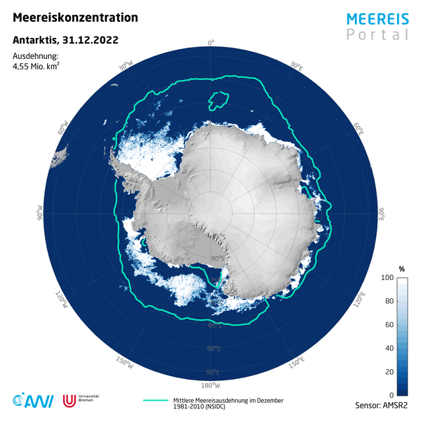 Meereiskonzentration und -ausdehnung in der Antarktis am 31. Dezember 2022.
