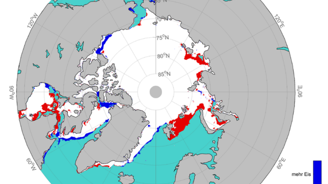 Differenz der mittleren Eiskantenposition in der Arktis im Juni 2022 im Vergleich zum Mittelwert der Jahre 2003 – 2014.