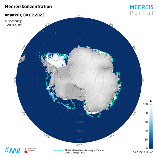 Meereiskonzentration in der Antarktis am 8. Februar 2023. 