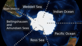 Bezeichnungen der Regionen des südlichen Ozeans und angrenzende Kontinente.