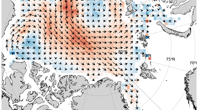 Mittlere Meereisdrift in den Monaten Juni/Juli/August 2023 in der Arktis.