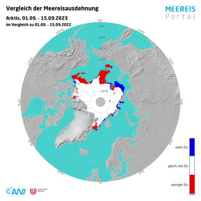 Differenz der mittleren Eiskantenposition im Monat September (1.-15.09)) im Vergleich zum Jahr 2022.