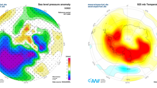 Pressure anomaly and temperature anomaly in the Antarctic in May 2022.