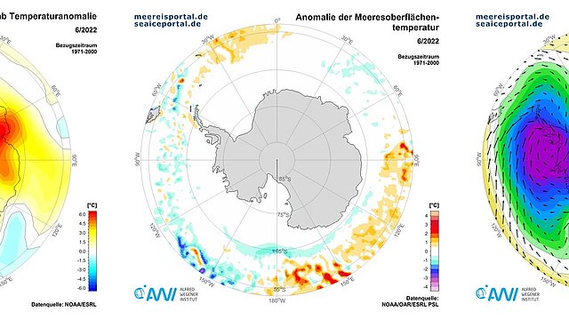 Anomalien der Lufttemperatur, Meeresoberflächentemperatur und des Luftdrucks im Juni 2022 (Antarktis).