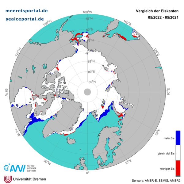 Differenz der mittleren Eiskantenposition in der Arktis im Mai 2022 im Vergleich zum Vorjahr 2021. 