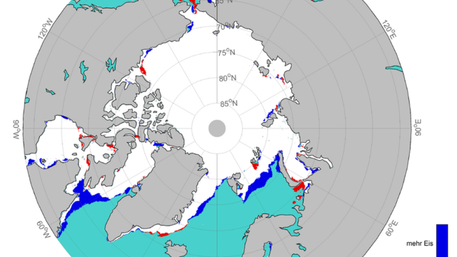 Differenz der mittleren Eiskantenposition in der Arktis im Mai 2022 im Vergleich zum Vorjahr 2021. 