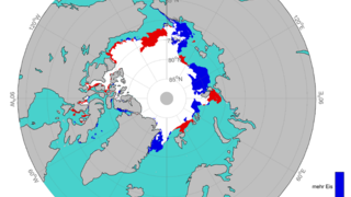 Differenz der mittleren Eiskantenposition in der Arktis im August 2022 im Vergleich zum langjährigen Mittel (2003 bis 2014). 