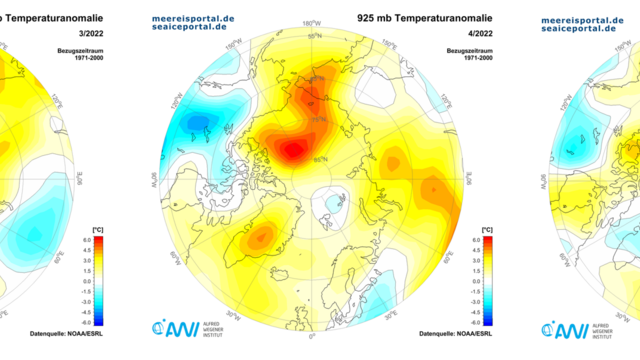 Temperaturanomalie in °C auf 925 hPa Druckniveau im März, April und Mai 2022.