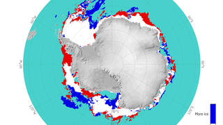 Comparison of mean ice extent in the Antarctic from 16 – 31 December 2022 to the year 2018.