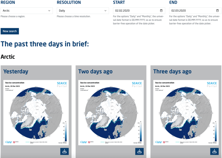 Screenshot of "Sea-ice concentration" selection menu, below display of three graphics