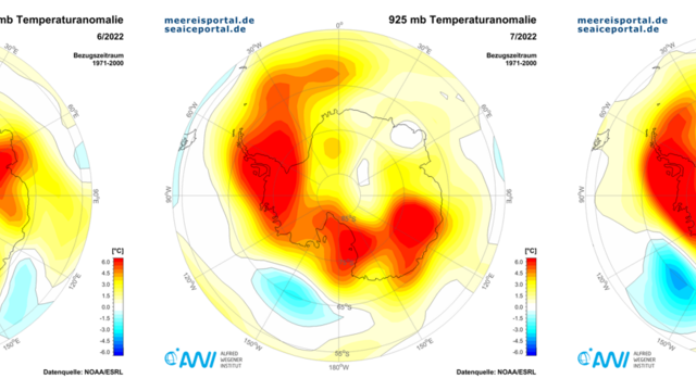 Anomalien der Lufttemperatur in °C auf 925 hPa Druckniveau im Juni, Juli und August 2022.