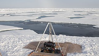 Setup for lowering ROVs into the sea ice.