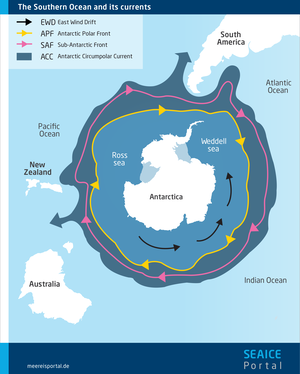 The Southern Ocean and its ocean currents in the Antarctic.