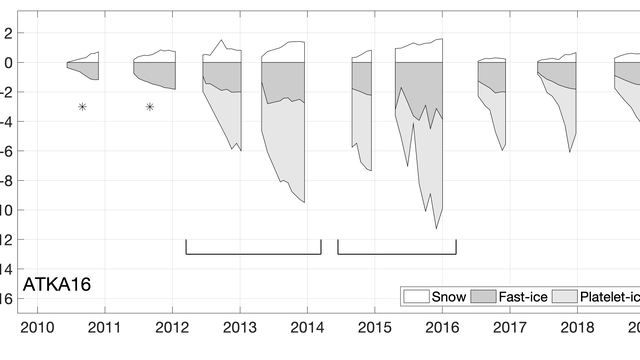 Time series of the fast-ice, platelet-ice and snow thickness for Waypoint 16 of the transect spanning Atka Bay.