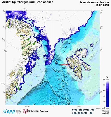 Meereisbedeckung (Konzentration) am 19. August 2018 in der Arktis.