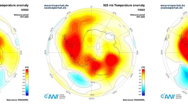 Temperature anomaly in °C at 925 hPa pressure altitude in the Antarctic in June, July and August 2022.