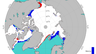 Mean position of the ice margin for the month of May 2018, compared to the year 2016.
