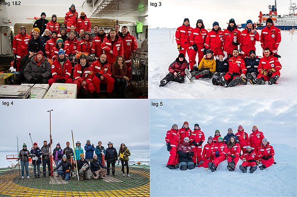 Gruppenfotos des Schnee- und Meereisteams (ICE-Teams) an Bord der Polarstern während den verschiedenen MOSAiC-Fahrtabschnitten.