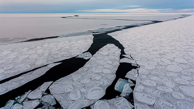 Panncake ice, which has formed bigger floes.