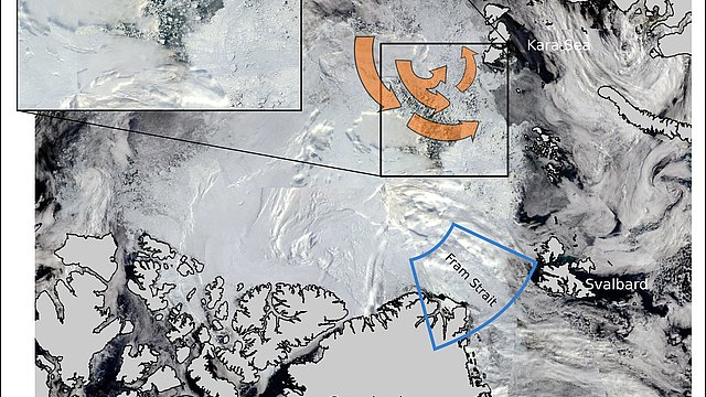 NASA satellite Terra image taken in late August and ice-thickness measurements from AWI research aeroplane. 