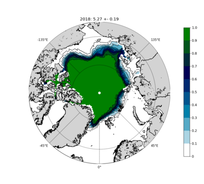 Probability of sea-ice concentrations exceeding 15% in September 2018.
