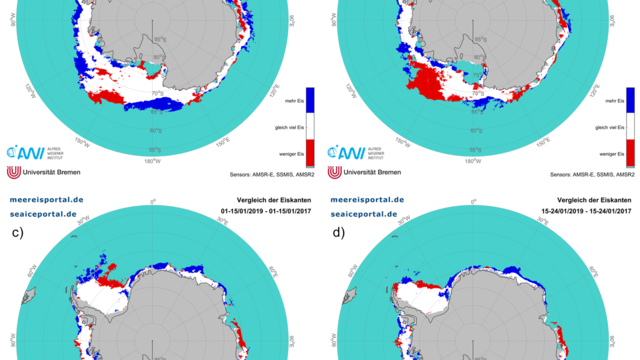 Differenz der mittleren Meereisausdehnung für verschiedene Zeiträume im Dezember und Januar.