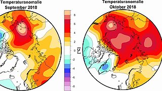 Lufttemperatur auf dem 925 hPa Druckniveau (ca. 750 m Höhe) für den Monat September (links) und Oktober (rechts), ausgedrückt als Differenz zum langjährigen Mittelwert von 1981-2010 