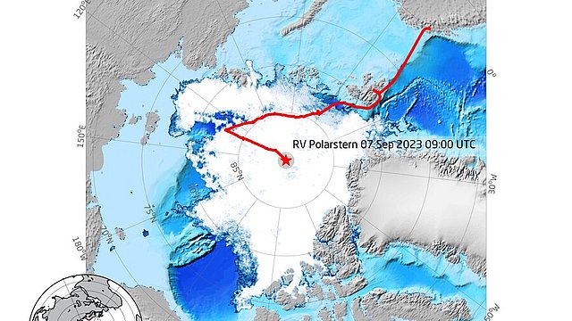 Sea-ice extent in the Arctic and course of Polarstern Expedition PS138, which reached the North Pole on 7 September 2023.