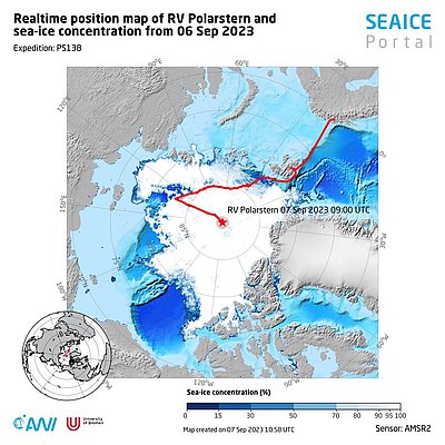 Sea-ice extent in the Arctic and course of Polarstern Expedition PS138, which reached the North Pole on 7 September 2023.