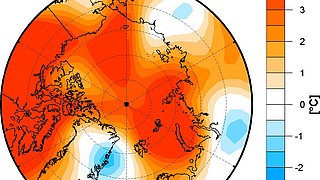 Temperaturanomalie in °C auf 925 hPa (links) für Januar 2017 im Vergleich zum Langzeitmittel 1981-2000 in der Arktis.