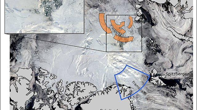 Aufnahme des NASA Satelliten Terra von Ende August und Eisdickenmessungen die mit einem Forschungsflugzeug des AWIs am Ende des Sommers in der Framstraße durchgeführt wurden.