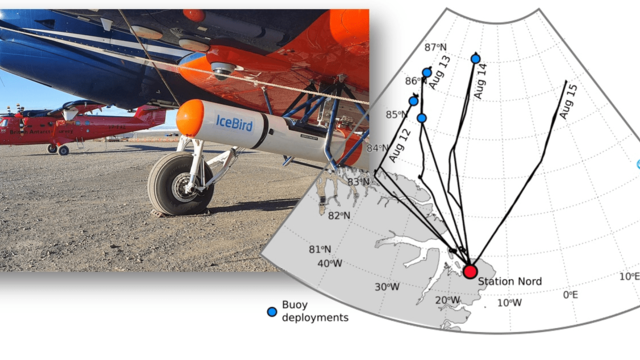 EM-Bird Sensor in befestigter Position am Forschungsflugzeug Polar 6 und Flugprofile während der IceBird Sommerkampagne 2022.