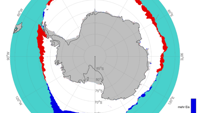 Differenz der mittleren Eiskantenposition in der Antarktis im August 2022 im Vergleich zum langjährigen Mittel.