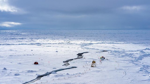 Sea-ice cover in the Arctic with pack ice ridges and leads during the MOSAiC expedition.