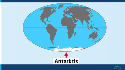 Illustration einer Weltkugel mit Pfeil auf Antarktis
