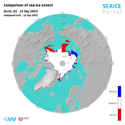 Difference in the mean position of the ice margin in the Arctic in September 2023 (1 to 15 September), compared to 2022.
