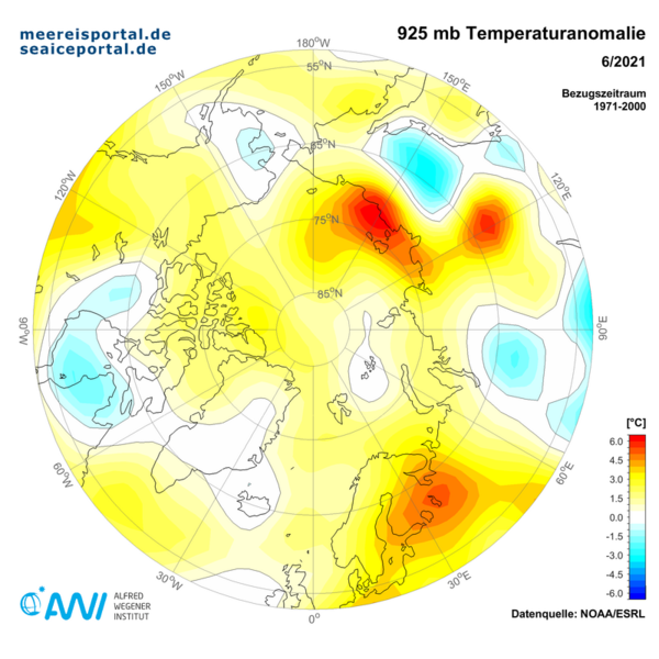 Temperaturanomalie im Juni 2021 in der Arktis.