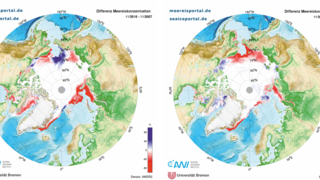 Differenz der Meereiskonzentration November 2016 zu November 2007 (links) und zu November 2012 (rechts).
