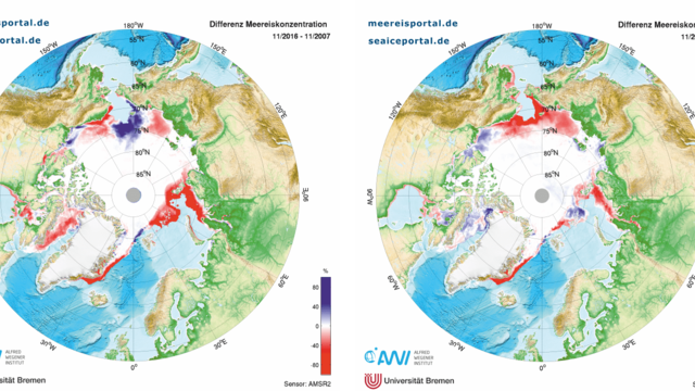 Differenz der Meereiskonzentration November 2016 zu November 2007 (links) und zu November 2012 (rechts).