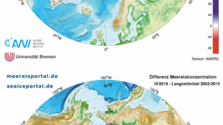 Differenz der Meereiskonzentration Oktober 2016 zu 2015 und zum langjährigen Mittel.