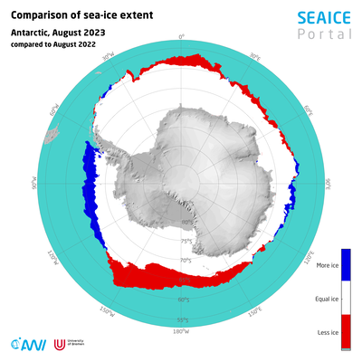 Difference in the mean position of the ice margin in the Antarctic in August 2023, compared to 2022.