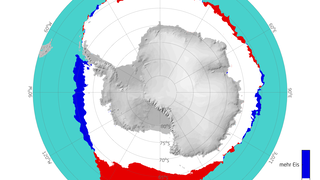 Differenz der mittleren Eiskantenposition in der Antarktis im August 2023 im Vergleich zum Vorjahr 2022.