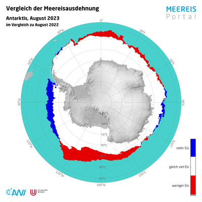 Differenz der mittleren Eiskantenposition in der Antarktis im August 2023 im Vergleich zum Vorjahr 2022.