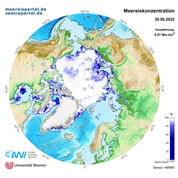 Arktische Meereisausdehnung am 30. Juni 2022.
